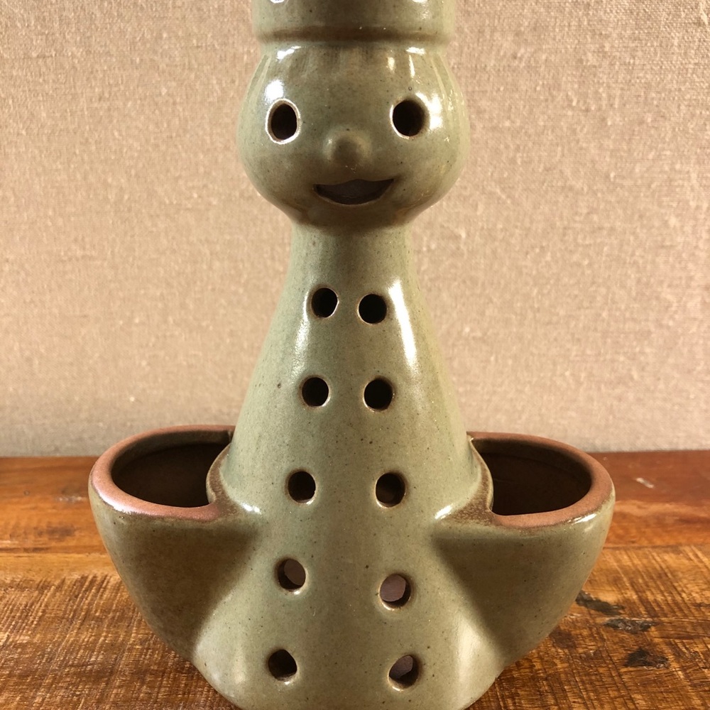 Smiley Face Stoneware Green Planter Vintage